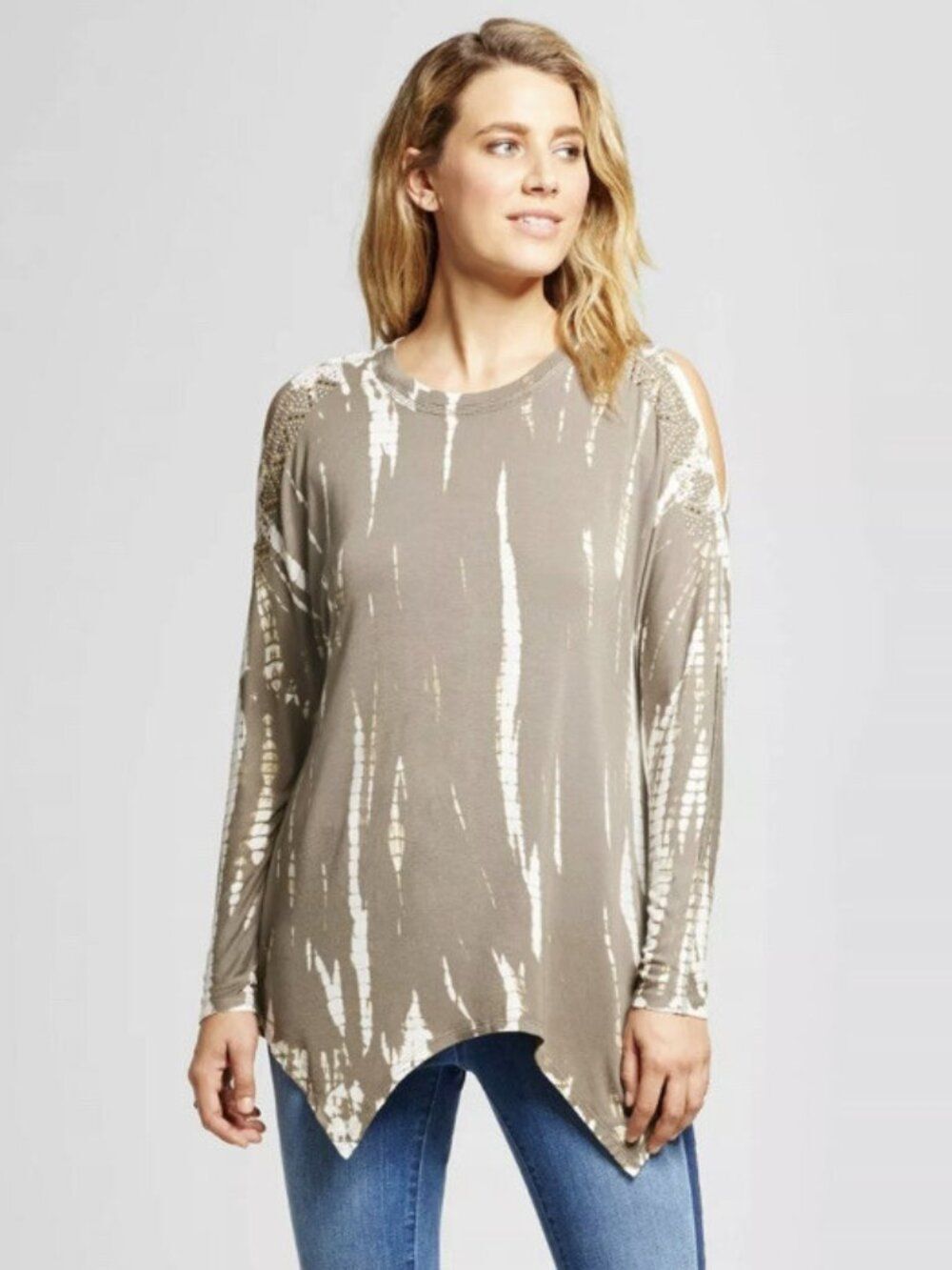 Knox Rose Olive Tie-Dye Studded Shoulder Cutout Long Sleeve Tunic Medium